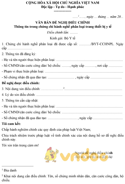 Mẫu đơn đề nghị điều chỉnh thông tin trong chứng chỉ hành nghề phân loại trang thiết bị y tế