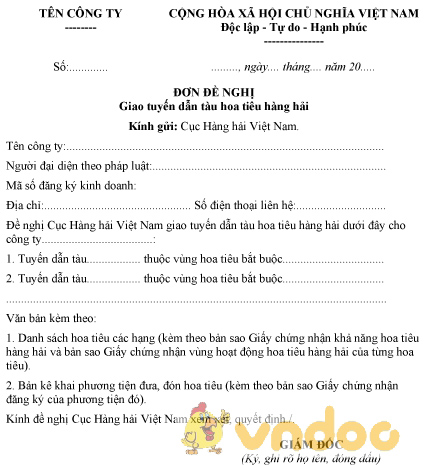 Mẫu đơn đề nghị giao tuyến dẫn tàu hoa tiêu hàng hải