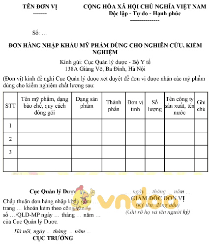 Mẫu đơn hàng nhập khẩu mỹ phẩm dùng cho nghiên cứu, kiểm nghiệm