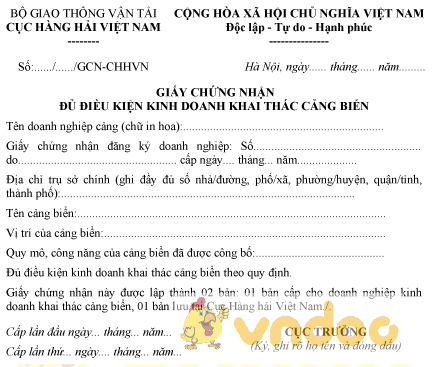 Mẫu giấy chứng nhận đủ điều kiện kinh doanh khai thác cảng biển