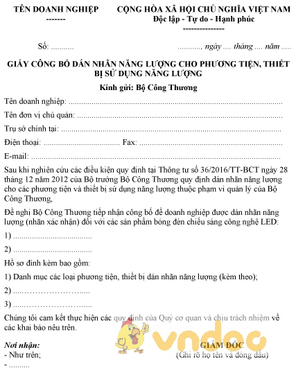 Mẫu giấy công bố dán nhãn năng lượng cho phương tiện, thiết bị sử dụng năng lượng