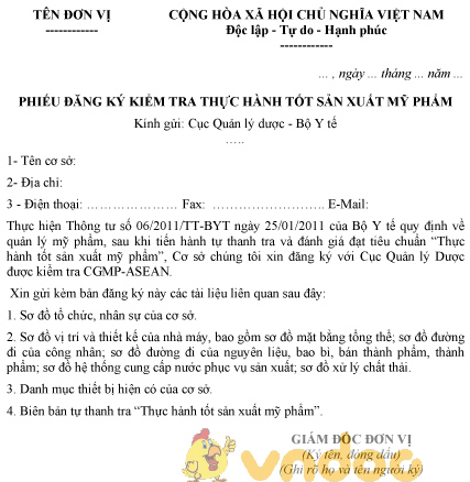 Mẫu phiếu đăng ký kiểm tra thực hành tốt sản xuất mỹ phẩm