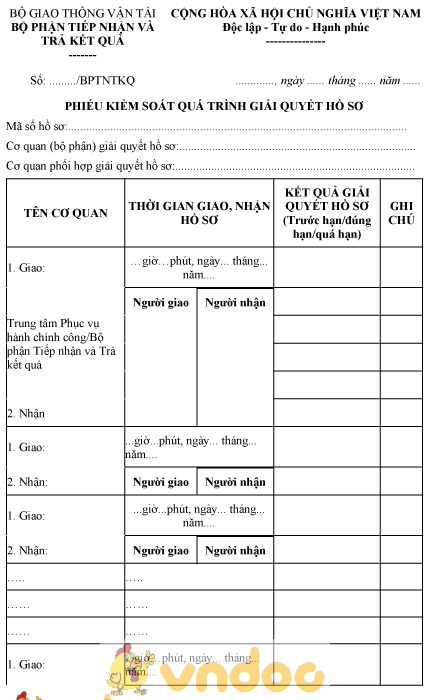 Mẫu phiếu kiểm soát quá trình giải quyết hồ sơ