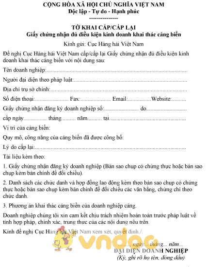 Mẫu tờ khai cấp, cấp lại giấy chứng nhận đủ điều kiện kinh doanh khai thác cảng biển