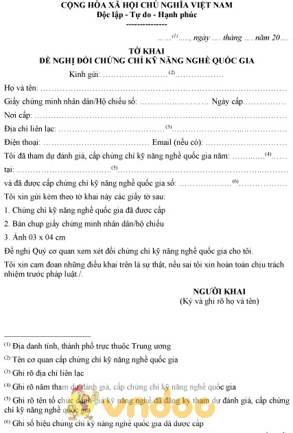 Mẫu tờ khai đề nghị đổi chứng chỉ kỹ năng nghề quốc gia