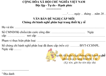 Mẫu văn bản đề nghị cấp mới chứng chỉ hành nghề phân loại trang thiết bị y tế