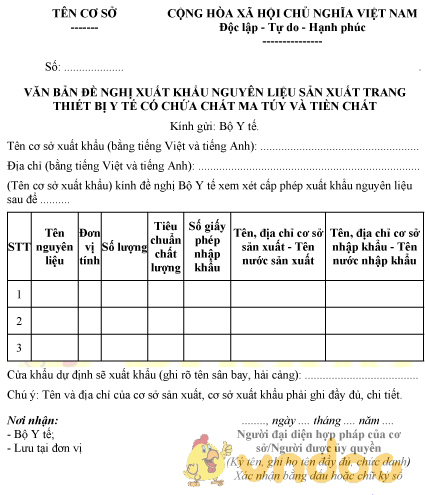 Mẫu văn bản đề nghị xuất khẩu nguyên liệu sản xuất trang thiết bị y tế có chất ma túy