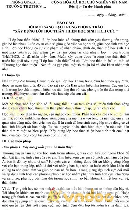 Mẫu báo cáo đổi mới sáng tạo dạy học tiểu học