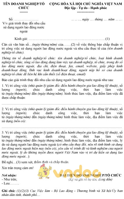 Mẫu báo cáo giải trình thay đổi nhu cầu sử dụng người lao động nước ngoài
