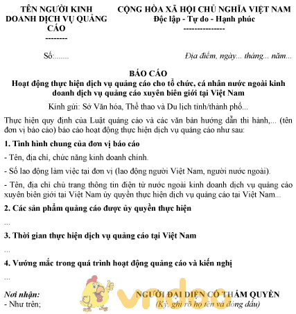 Mẫu báo cáo hoạt động quảng cáo cho tổ chức, cá nhân nước ngoài kinh doanh dịch vụ quảng cáo