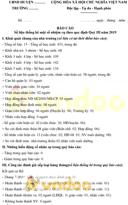 Mẫu báo cáo số liệu thống kê một số nhiệm vụ theo quy định