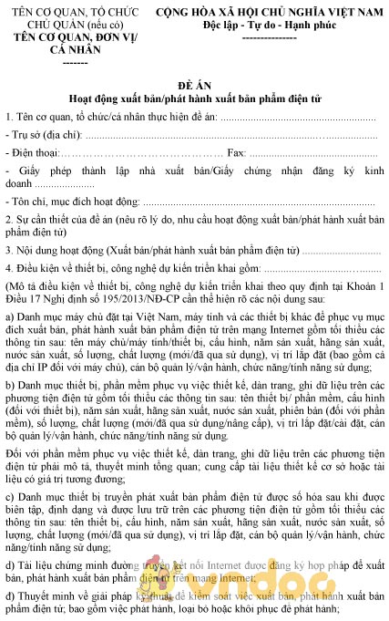 Mẫu đề án hoạt động xuất bản, phát hành xuất bản phẩm điện tử