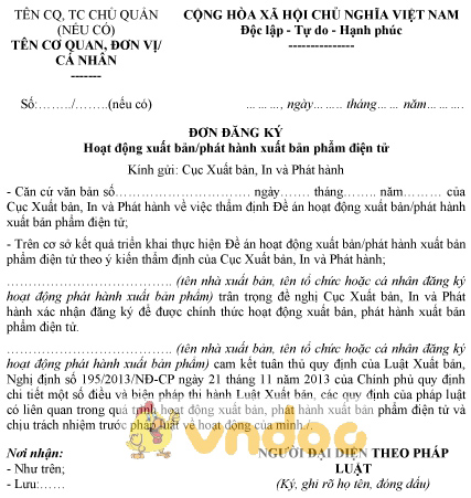Mẫu đơn đăng ký hoạt động xuất bản, phát hành xuất bản phẩm điện tử