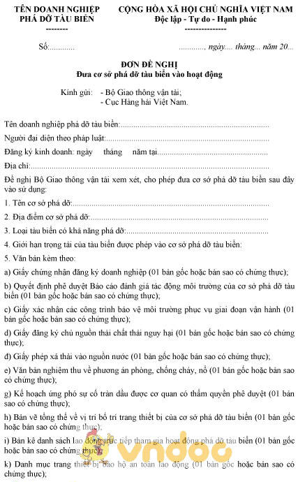 Mẫu đơn đề nghị đưa cơ sở phá dỡ tàu biển vào hoạt động