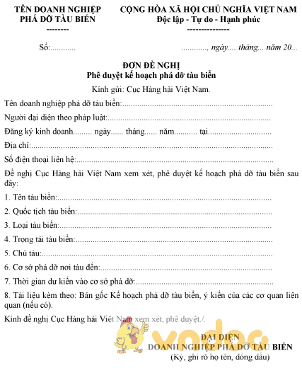 Mẫu đơn đề nghị phê duyệt kế hoạch phá dỡ tàu biển