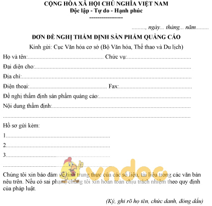 Mẫu đơn đề nghị thẩm định sản phẩm quảng cáo