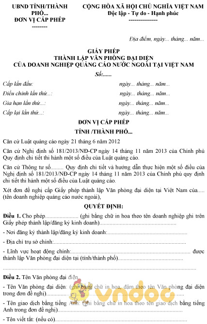 Mẫu giấy phép thành lập văn phòng đại diện doanh nghiệp quảng cáo nước ngoài tại Việt Nam