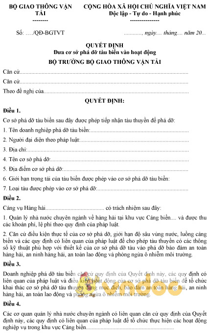 Mẫu quyết định đưa cơ sở phá dỡ tàu biển vào hoạt động