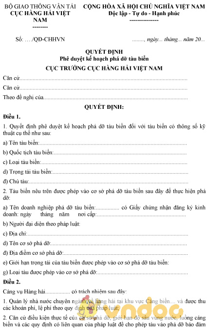 Mẫu quyết định phê duyệt kế hoạch phá dỡ tàu biển