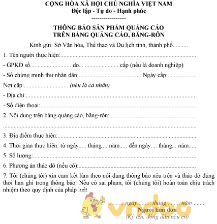 Mẫu thông báo sản phẩm quảng cáo trên bảng quảng cáo, băng rôn