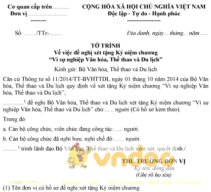 Mẫu tờ trình đề nghị xét tặng kỷ niệm chương vì sự nghiệp văn hóa thể thao và du lịch