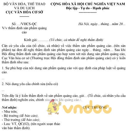 Mẫu ý kiến thẩm định sản phẩm quảng cáo