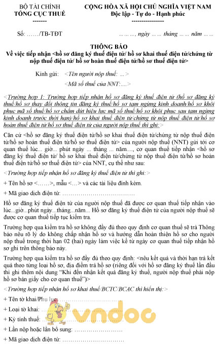 Mẫu 01-1/TB-TĐT: Thông báo về việc tiếp nhận hồ sơ, chứng từ thuế điện tử