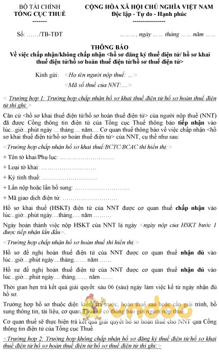 Mẫu 01-2/TB-TĐT: Thông báo về việc chấp nhận, không chấp nhận hồ sơ thuế điện tử