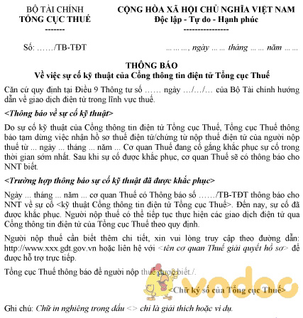 Mẫu 02/TB-TĐT: Thông báo sự cố kỹ thuật của cổng thông tin điện tử tổng cục thuế