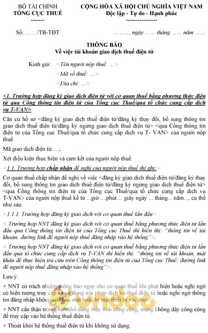 Mẫu 03/TB-TĐT: Thông báo về tài khoản giao dịch thuế điện tử