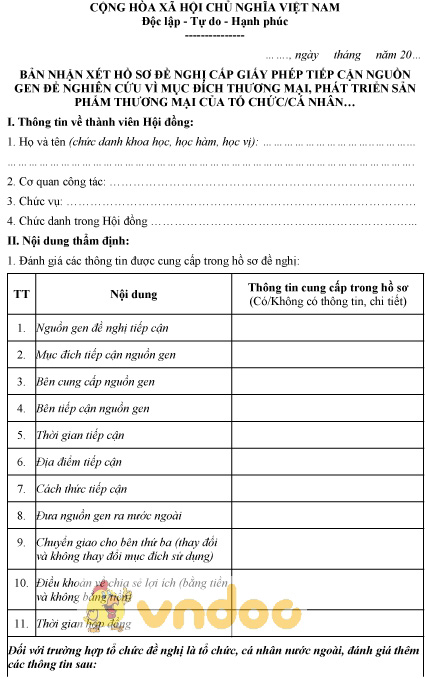 Mẫu bản nhận xét hồ sơ đề nghị cấp giấy phép tiếp cận nguồn gen nghiên cứu