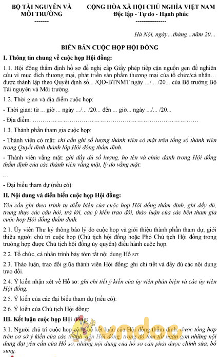 Mẫu biên bản họp hội đồng thẩm định hồ sơ cấp giấy phép tiếp cận nguồn gen nghiên cứu