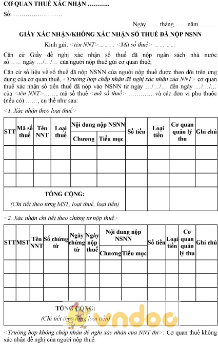 Mẫu C1-10b/NS-TĐT: Giấy xác nhận, không xác nhận số thuế đã nộp Ngân sách Nhà nước