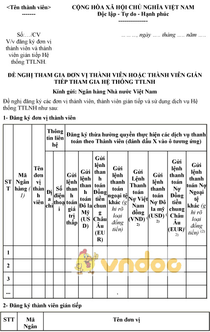 Mẫu đề nghị tham gia đơn vị thành viên hoặc thành viên gián tiếp tham gia hệ thống TTLNH