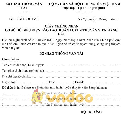Mẫu giấy chứng nhận cơ sở đủ điều kiện đào tạo, huấn luyện thuyền viên hàng hải