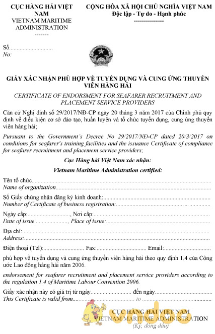 Mẫu giấy xác nhận phù hợp về tuyển dụng, cung ứng thuyền viên hàng hải