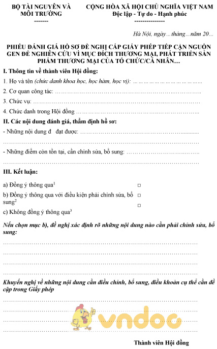 Mẫu phiếu đánh giá hồ sơ đề nghị cấp giấy phép tiếp cận nguồn gen để nghiên cứu