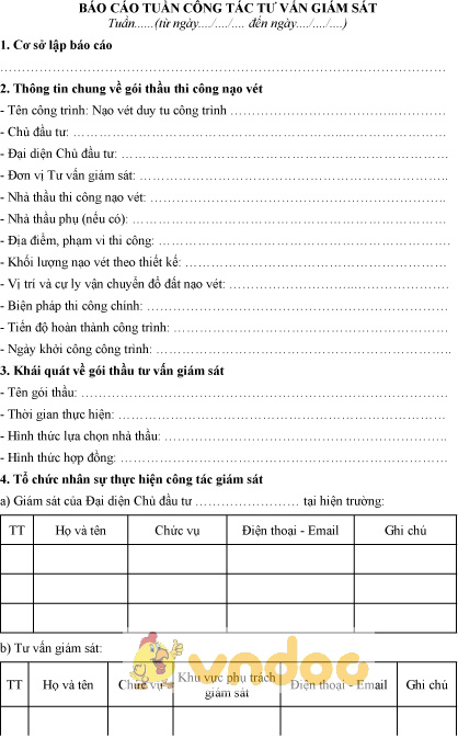 Mẫu báo cáo công tác tuần công tác tư vấn giám sát