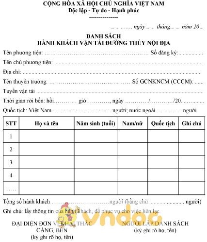 Mẫu danh sách hành khách vận tải đường thủy nội địa