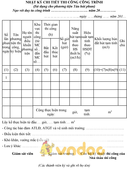 Mẫu nhật ký chi tiết thi công công trình sử dụng cho phương tiện tàu hút phun
