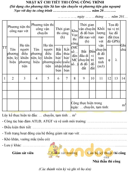 Mẫu nhật ký chi tiết thi công công trình sử dụng cho phương tiện sà lan vận chuyển và tàu ngoạm