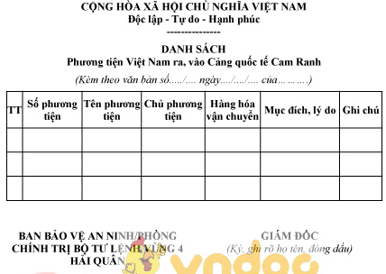 Mẫu danh sách phương tiện Việt Nam ra, vào Cảng quốc tế Cam Ranh