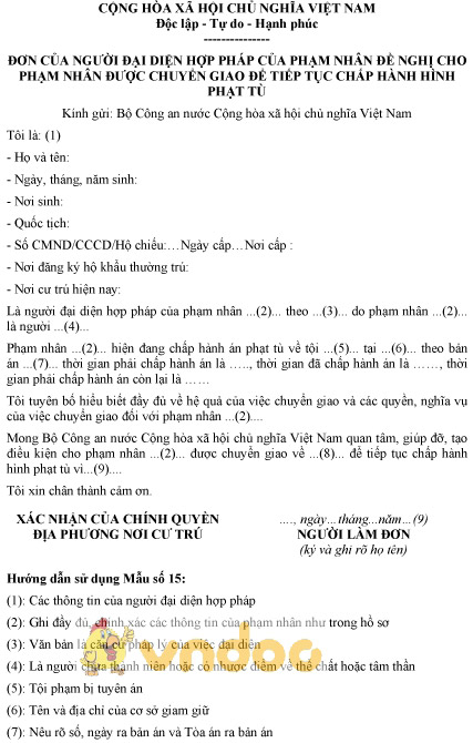 Mẫu đơn đề nghị được chuyển giao để tiếp tục chấp hành hình phạt tù dành cho người đại diện