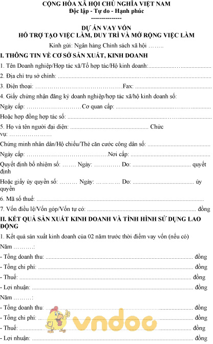 Mẫu dự án vay vốn hỗ trợ tạo việc làm, duy trì và mở rộng việc làm