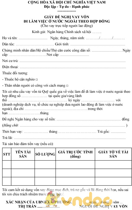 Mẫu giấy đề nghị vay vốn đi làm việc ở nước ngoài theo hợp đồng dùng cho người lao động