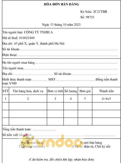 Mẫu hóa đơn điện tử bán hàng dùng cho tổ chức, cá nhân khai thuế theo phương pháp trực tiếp