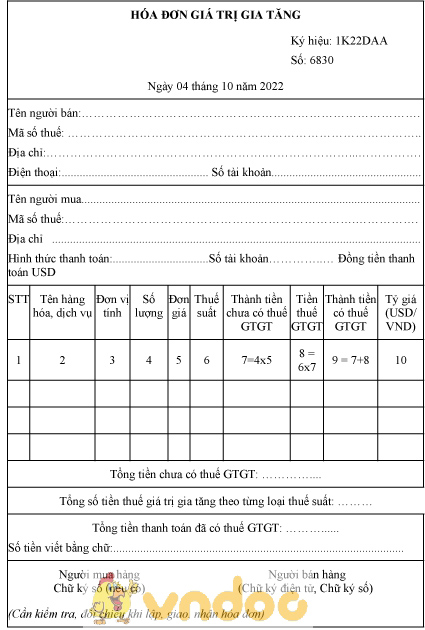 Mẫu hóa đơn điện tử GTGT dùng cho một số tổ chức, doanh nghiệp đặc thù thu bằng ngoại tệ