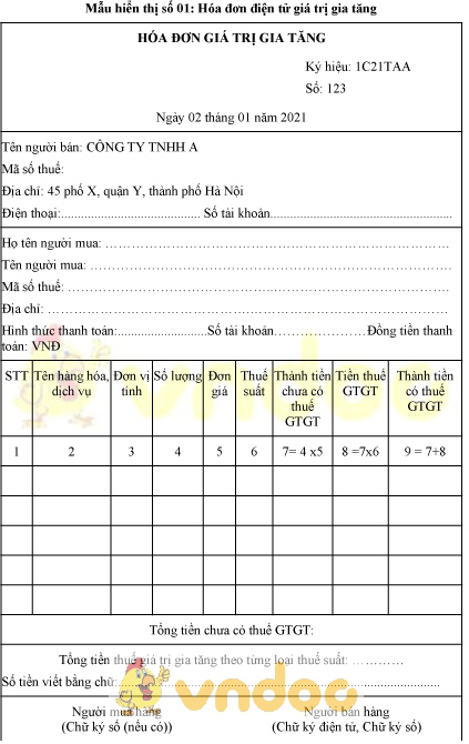 Mẫu hóa đơn điện tử giá trị gia tăng dùng cho tổ chức, cá nhân khai thuế theo phương pháp khấu trừ
