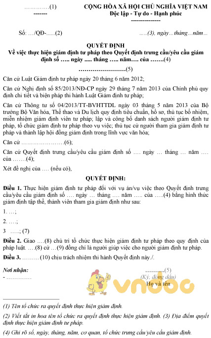 Mẫu quyết định thực hiện giám định tư pháp đối với sản phẩm văn hóa