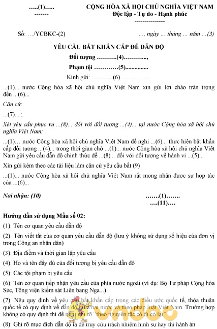 Mẫu yêu cầu bắt khẩn cấp để dẫn độ